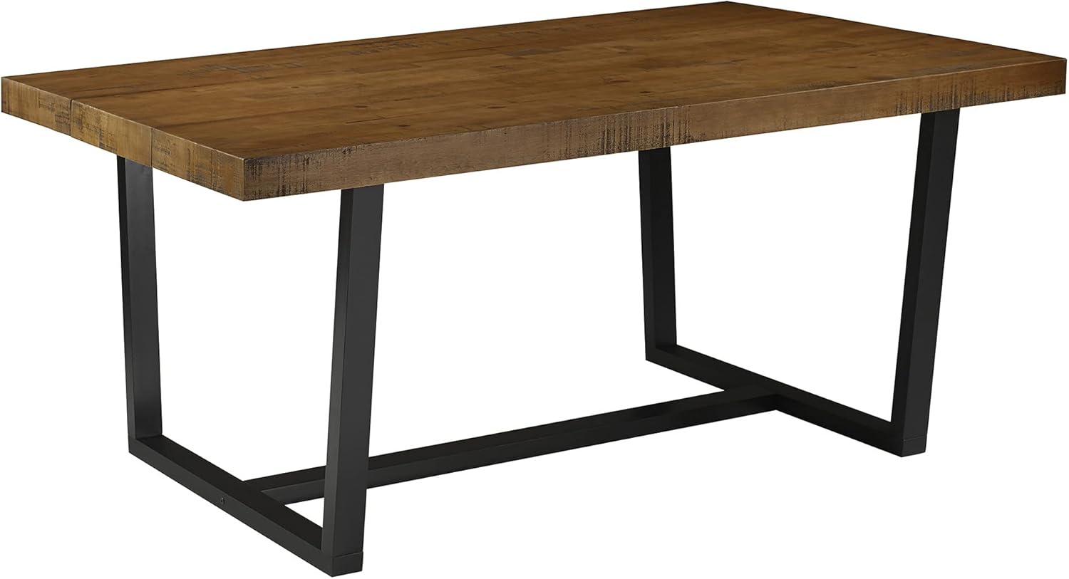 Modern Distressed Solid Wood and Metal Open Frame Dining Table - Rustic Oak, Plank Style Top, Black Painted Base, Seats 6-8