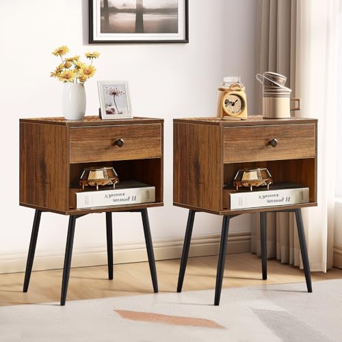VECELO Nightstands Set of 2 Industrial 2-Tier Night Stand/Side Drawer, Wood Mid Century End Tables for Small Places, Bedrooms, Living Room, Home, farmhouse, Gray