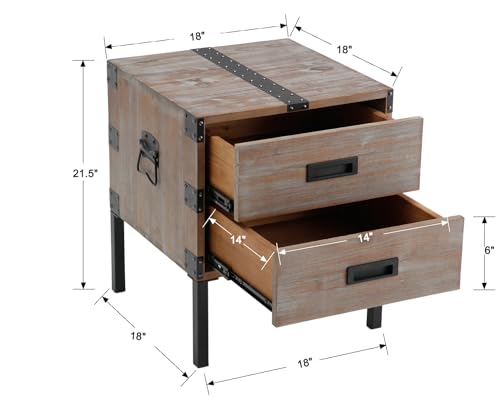 Industrial Square Side Table with 2 Drawers Rustic Brown End Side Table with Metal Legs, Mid Century 18