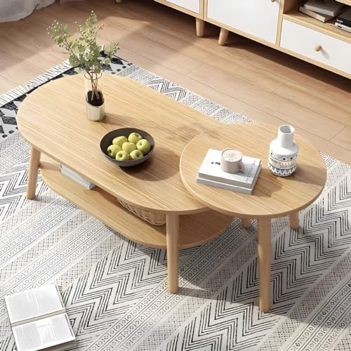 KWOKING Oval/Round Coffee Table Modern Wood Side Table Small Apartment Living Room Coffee Table Simple Small Table Small Bedroom Storage Table Household Small Coffee Table Natural 24