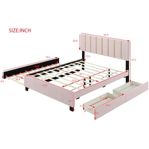 Queen Size Upholstered Platform Bed, Luxury Velvet Upholstered Bed with 2 Drawers and 1 Double Trundle, Classic Metal Strip Headboard Design, No Box Spring Needed (Pink * 120)