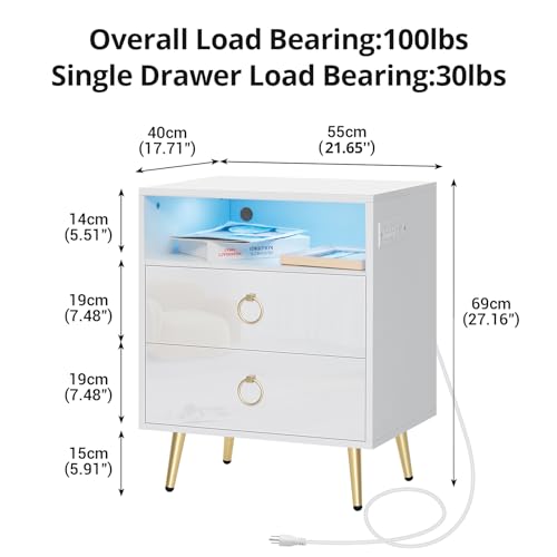 HOMMPA White LED Nightstand with Charging Station Open Shelf Bedside Table with 2 Drawers with Smart Nightstand with USB Ports High Gloss Night Stand for Bedroom with 16 Colors LED Light