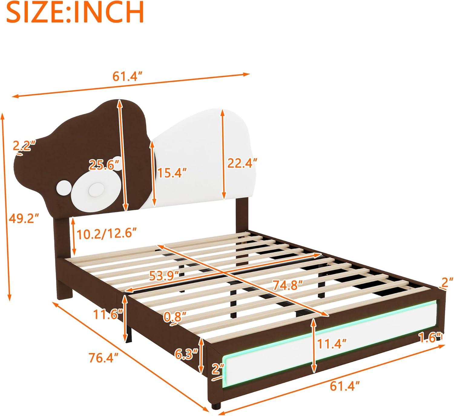 Kids Upholstered Platform Bed, Full Size Cute Platform Bed with Bear Shaped Headboard and LED Light Strips for Kids, Boys and Girls, Sturdy Full Bed Frame, No Box Spring Needed, White+Brown