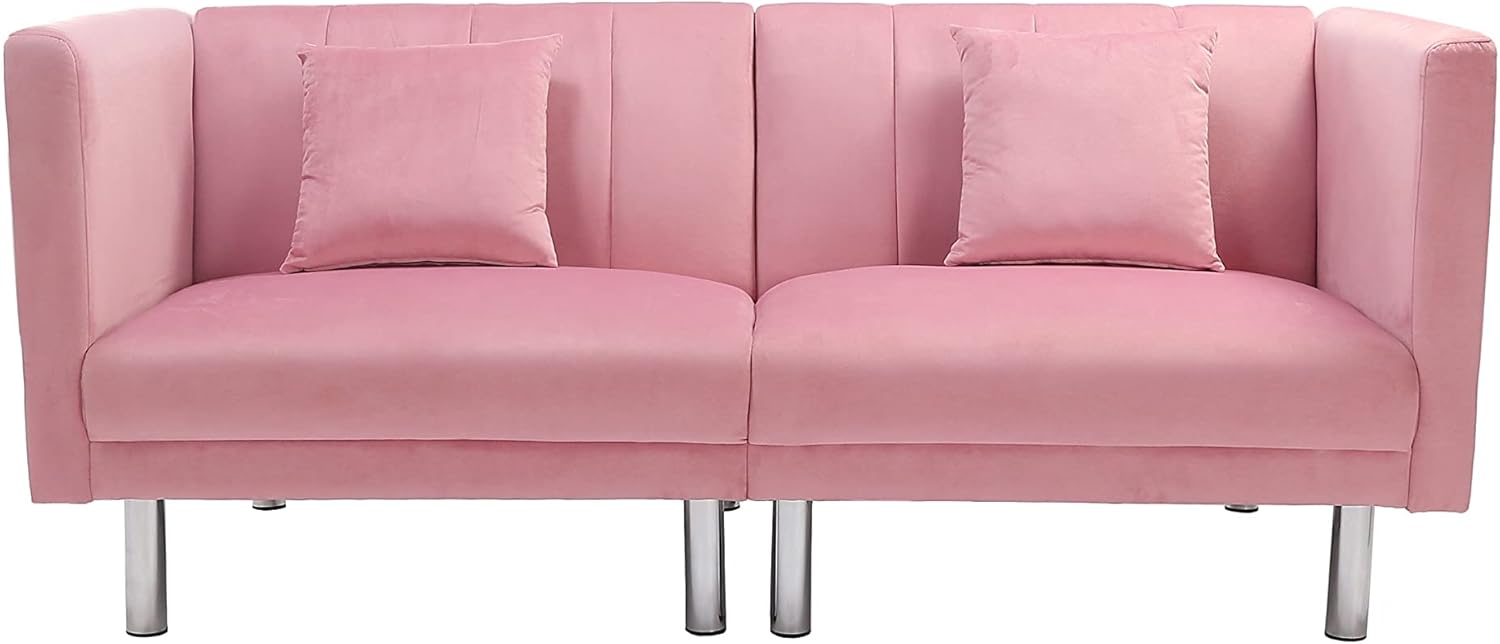 RORA&YANEAR futon Sofa, loveseat, Convertible Sleeper Pink Velvet with Metal Legs and Removable armrest Including 2 Pillows (Pink loveseat)