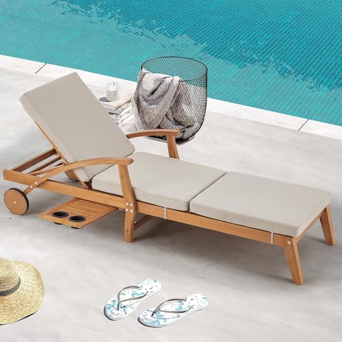 HOMREST Set of 2 Wood Chaise Lounge Chair Recliner, 83x23in Patio Chaise Lounger Recliner with Slide-Out Side Table, Foam-Padded Cushion, Adjustable Backrest, Wheels (Beige)