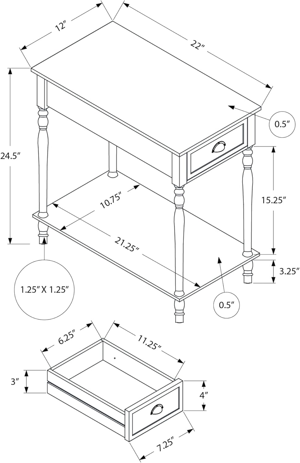 Monarch Specialties 3969 Accent, 2 Tier, Side Table, End, Narrow, Nightstand, Storage Drawer, Brown Table-24 H/Cherry Veneer, 12