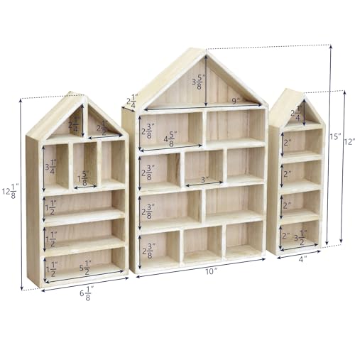 Ikee Design House-Shaped Wooden Shadow Cubby Box Display Shelf Organizer Storage Shadow Box for Mini Figures, Set of 3, Brown Color, 10 W x 2 1/4 D x 15 H in