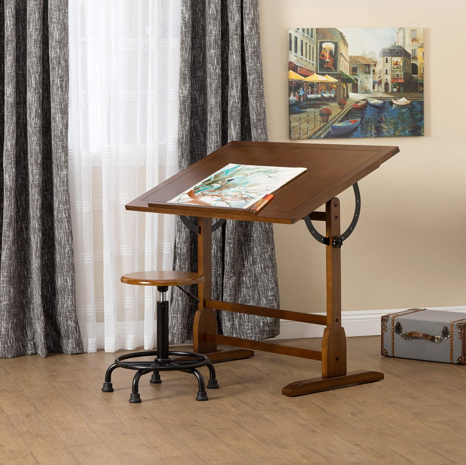 Studio Designs Vintage Drafting Table - Antique Design Solid Wood Drafting Table with Built-In Pencil Groove and Pencil Ledge - Angle Adjustable Work Surface