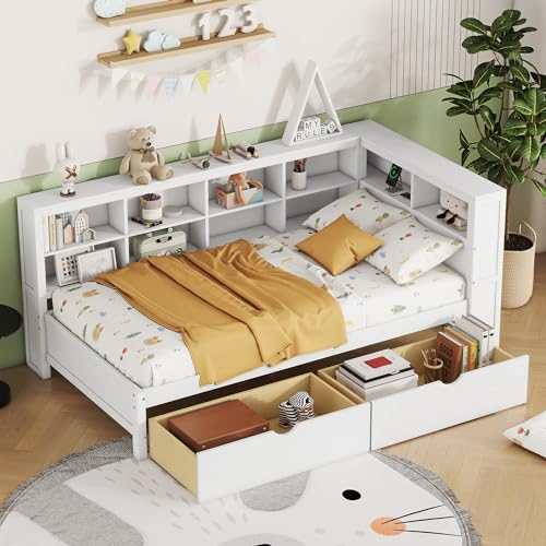 SOFTSEA Full Size Daybed with Storage Drawers and Bookcase, L-Shape Daybed with USB Ports and Headboard, Wood Corner Bed Frame with Headboard Storage for Kids Teens Boys Girls, White