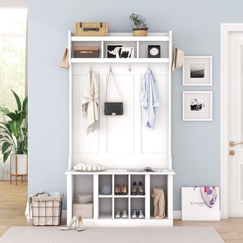 Hall Tree Entryway Coat Rack with 6 Hooks, Coat Hanger, Entryway Bench, Storage Bench, Hallway Coat Rack Entryway Bench Coat Hanger for Entrance, Hallway (White)