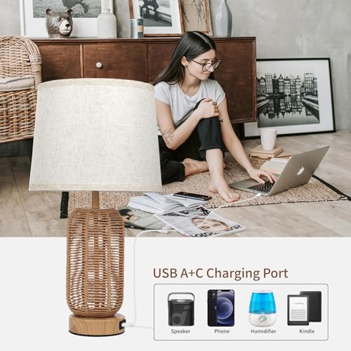 FRIDEKO HOME Touch Bedroom Lamps Set of 2 - Boho 23-Inch Nightstand Lamps with USB C+A Ports 3-Way Linen Lampshade Table Lamp for Bedroom Living Room Office(LED Bulbs Included)