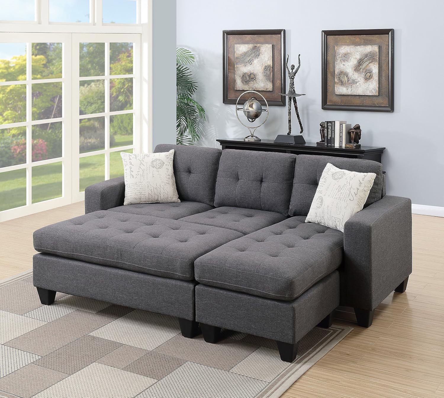 Blue Grey Polyfiber Linen Like Fabric 3pcs Reversible Sectional Sofa Chaise w Ottoman Chaise Tufted Couch Lounge Living Room Furniture