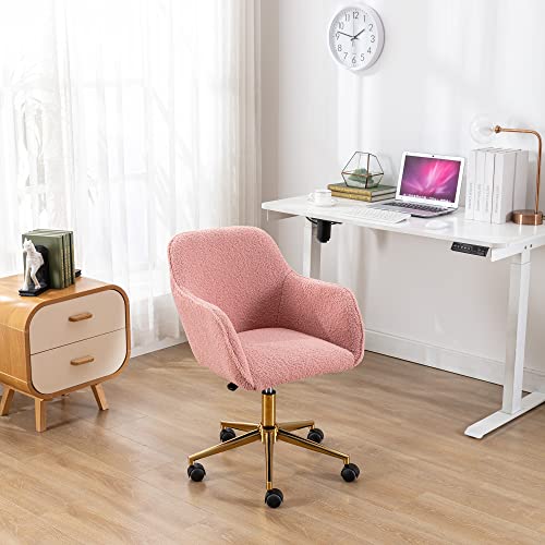 Modern Teddy Fabric Material Adjustable Height 360 Revolving Home Office Chair with Gold Metal Legs and Universal Wheel for Indoor (Yellow Teddy)