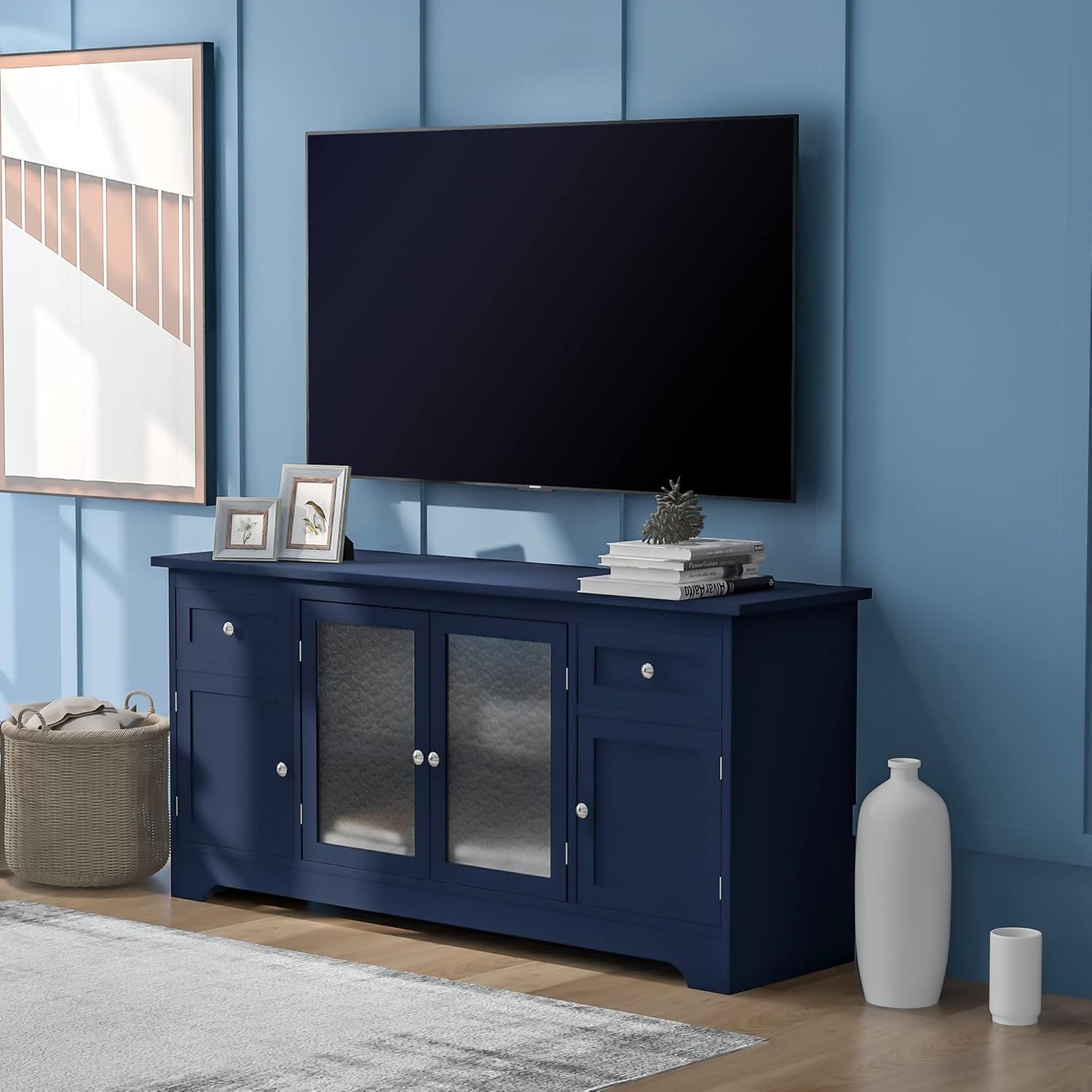 TV Stand for TV up to 65in with 4 Doors Adjustable Panels Open Style Cabinet, Sideboard for Living Room, Navy