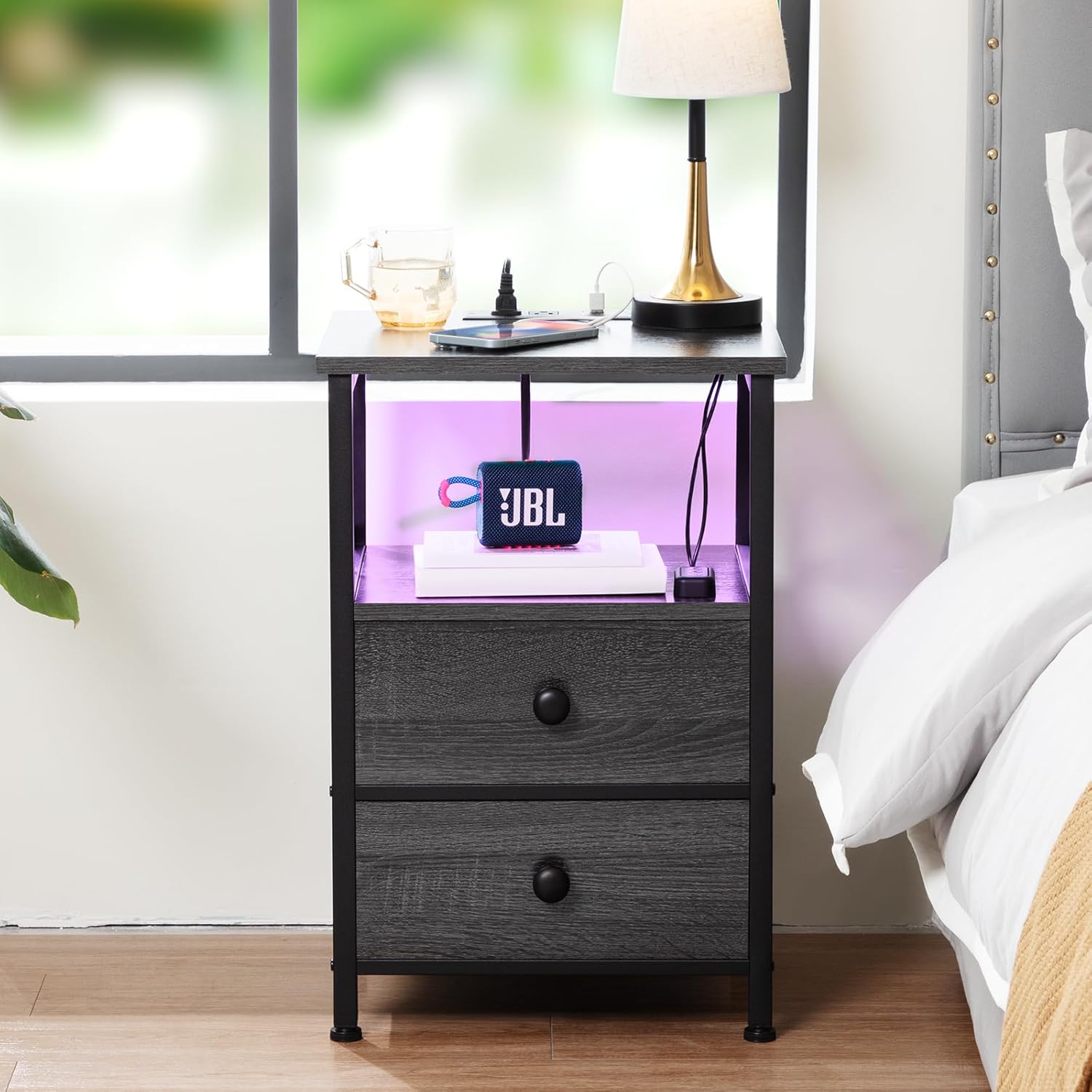 AMHANCIBLE Night Stand Set 2,Headboard Queen Size,with Charging Station