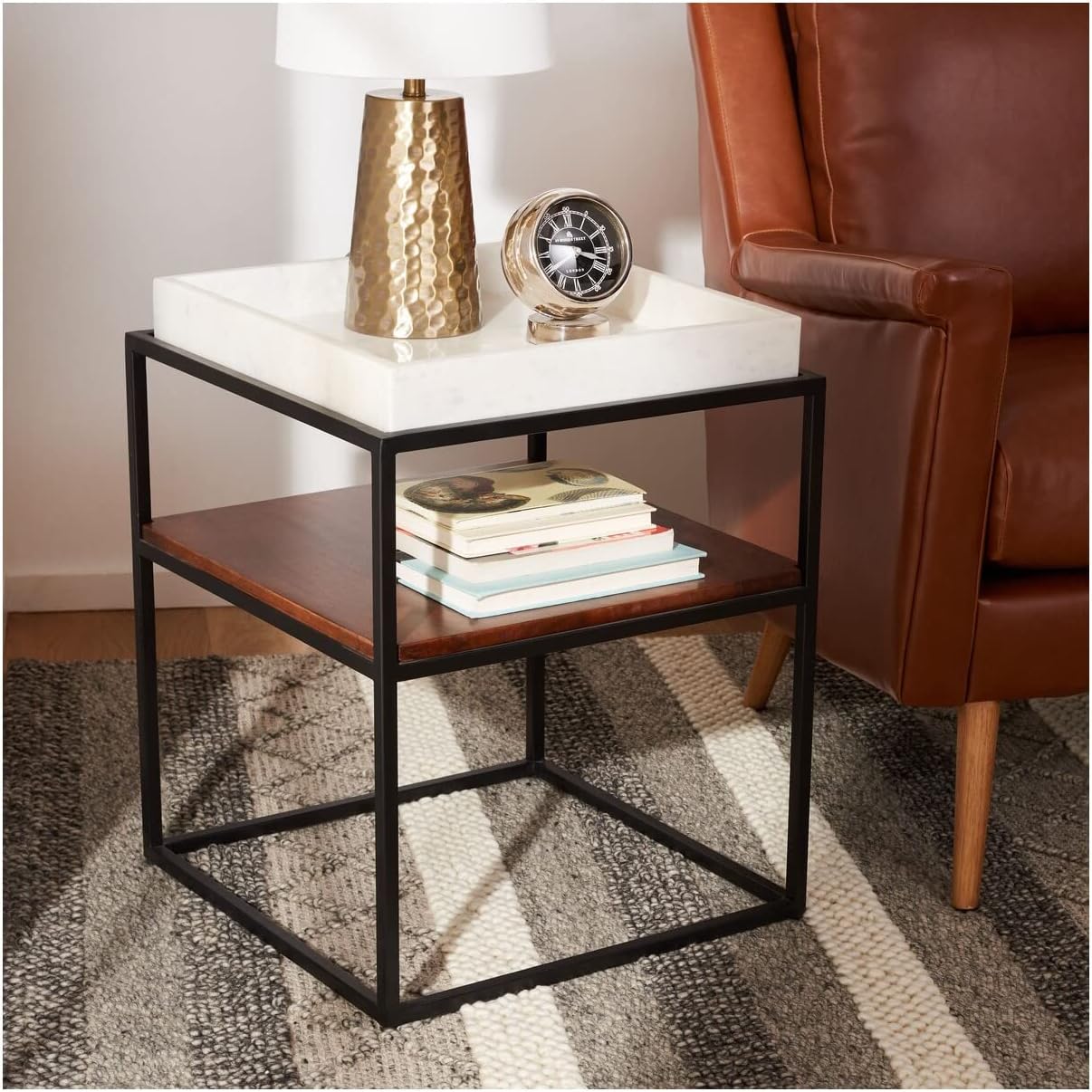 Safavieh Home Kya White Marble and Walnut 2-Tier Accent Table