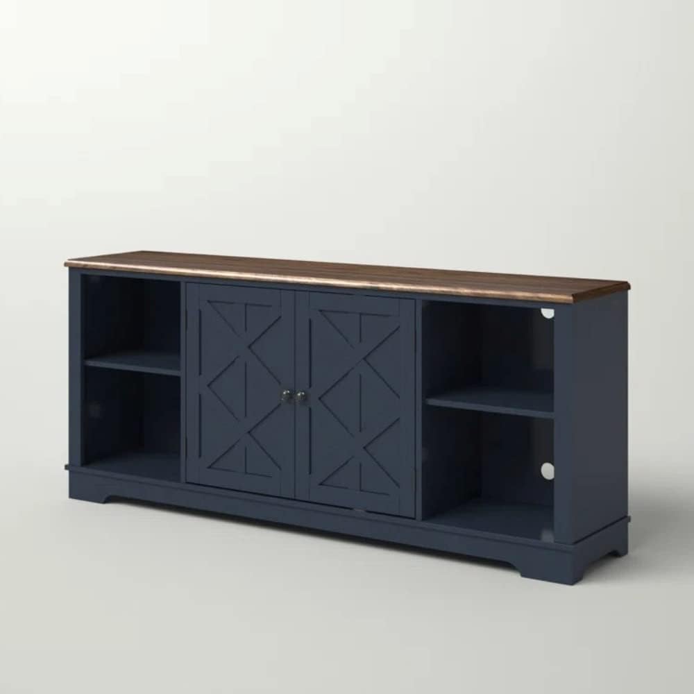 Navy Color Coastal Farmhouse Style Rustic TV Stand 30'' H X 70'' W Size Wood Material Adjustable Shelves Removable Back Panel Spacious Surface | Decorative X-Shaped Detailing Cable Management Cutouts