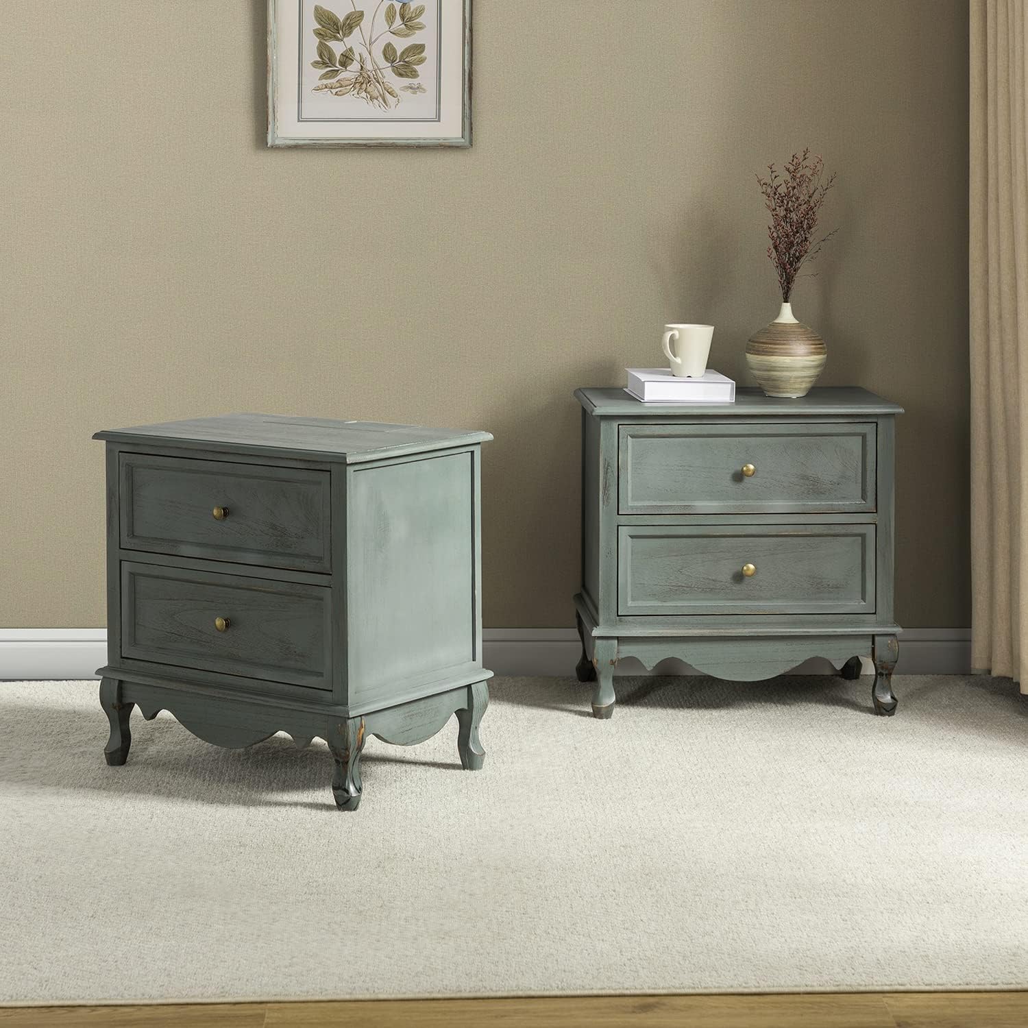 HULALA HOME Wood Nightstands Set of 2 with Charging Station Space, 24