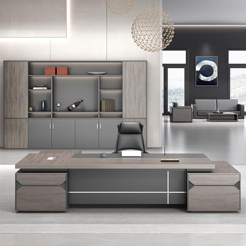 94 Inch Executive Desk with Power Outlet and Drawer, Large L Shaped Computer Desk with Storage Cabinet, Gaming Table Workstation Drawers, Business Furniture for Home Office