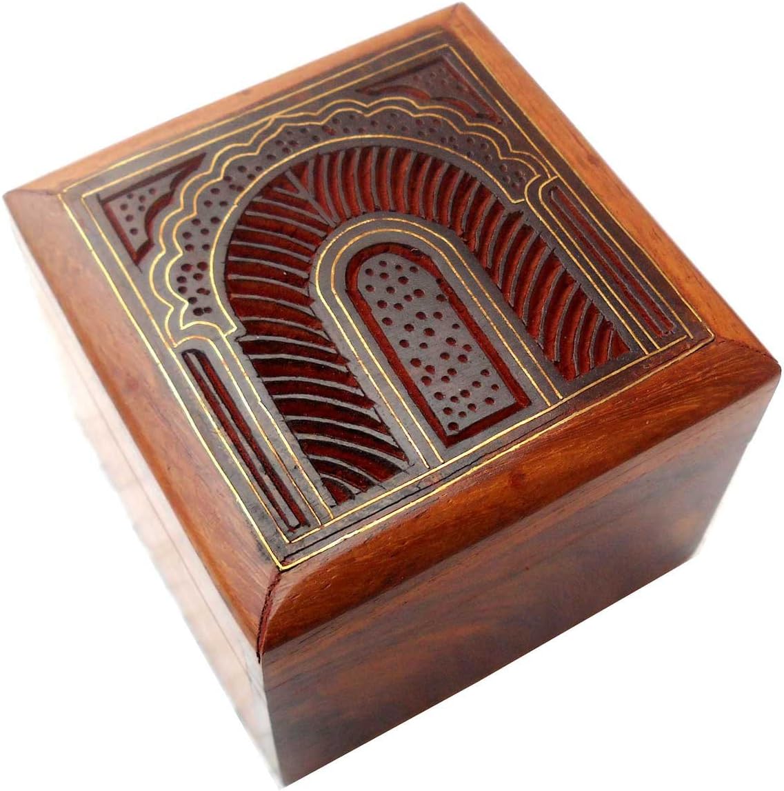 Elegant Design Hand Made Indian Brass Inlay Sheesham Wood Jewelry Box - Size 3