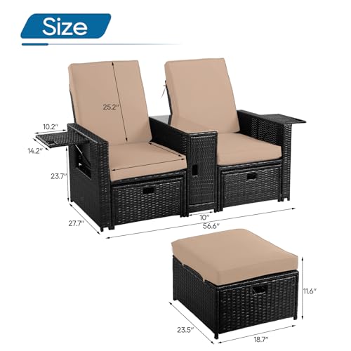 5PCS Outdoor Wicker Chaise Lounge Chair - Rattan Adjustable Reclining Patio Lounge Chair with Ottoman and Coffee Table, for Patio Beach Pool Backyard (Black Wicker Turquoise Cushion)