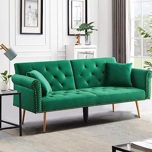 Velvet Futon Sofa Bed, Convertible Folding Sleeper Couch with 2 Pillows, 73