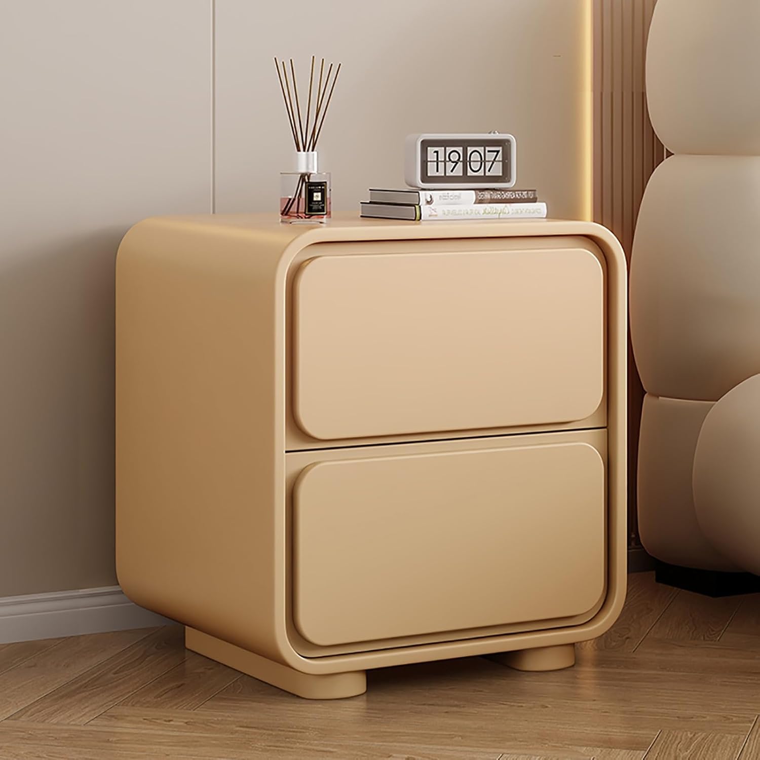 Solid Wood with Double Drawers, Side Table Cabinet with Storage, Bedroom nightstand, Modern Bedroom nightstand with Hidden Handle, Rounded Corner Design, Suitable for Bedroom, Sofa, etc.