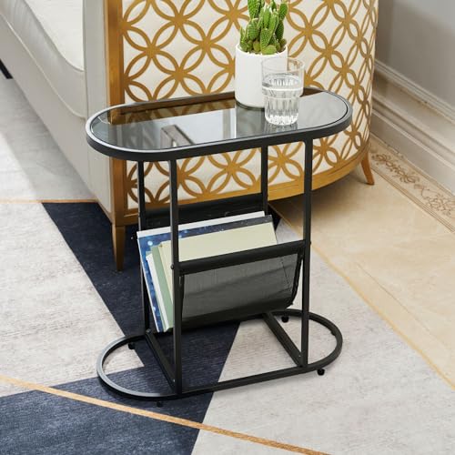 Set of 2 Modern Side Table Oval-Shaped with Magazine Storage End Table Small Coffee Table Bedside Table Acacia Wood Top Black Metal Frame for Entrance Living Room Bedroom (Black)