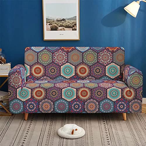 Bohemian Printed Sofa Cover Stretch Couch Covers Mandala Floral Sofa Slipcovers Elastic Universal Furniture Protector for 3 Cushion Couch(3-Seater, Orange)