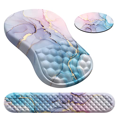 HAOCOO Ergonomic Mouse Pad Wrist Support and Keyboard Wrist Rest, 3 PCS Computer Mouse Pad with Wrist Rest Set for Desk with Coaster, Memory Foam Mousepad for Office School Hand, Blue Pink Marble