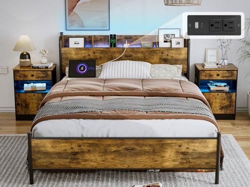 IKIFLY California King Bed Frames with Wood Storage Headboard & Charging Station, Farmhouse Metal Cal King Platform Bed with LED Lights, No Box Spring Needed, No Noise, Easy Assembly, Black