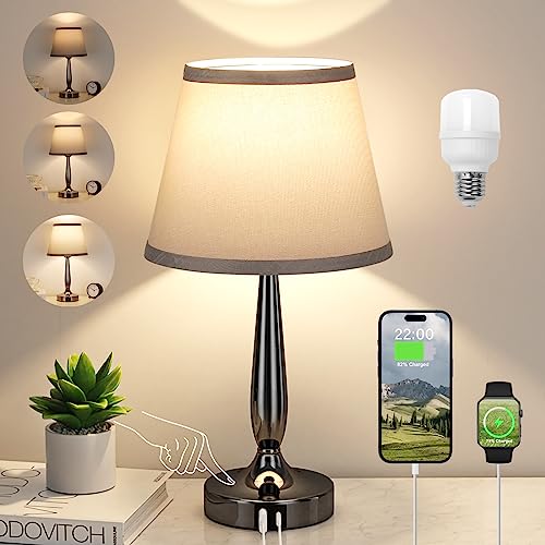 Kakanuo Touch Bedside Lamp for Bedroom with USB C Port, Small Touch Table Lamp with 2 USB Charging Ports, 3 Way Dimmable Nightstand Lamp for Living Room and Office - Black (LED Bulb Included)