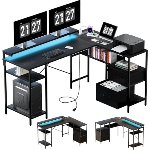 L-Shaped Home Office Desks with 2 Drawers Reversible Computer Gaming Desk with Monitor Stand Power Outlets Corner Desks for Home Office 61