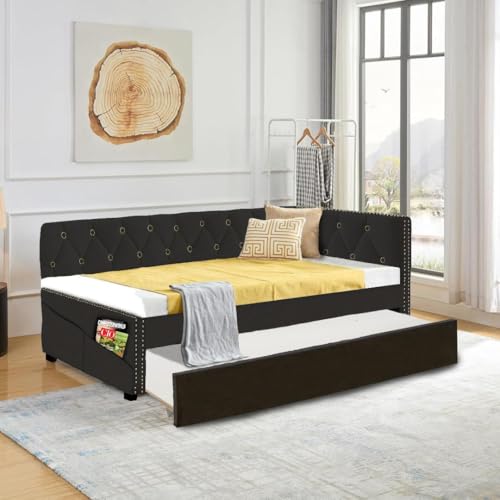 SOFTSEA Twin Upholstered Daybed with Trundle, Modern L-Shaped Daybed with Storage & Trundle, Velvet Corner Sofa Bed Daybed Frame with Tufted Backrest for Kids Teens Adults, Black