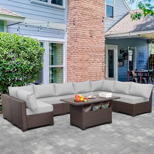 Valita 9-Piece Patio Rattan Furniture Set with Gas Fire Pit Table Outdoor Sectional Conversation Couch Brown PE Wicker Sofa with Washable Navy Blue Cushions