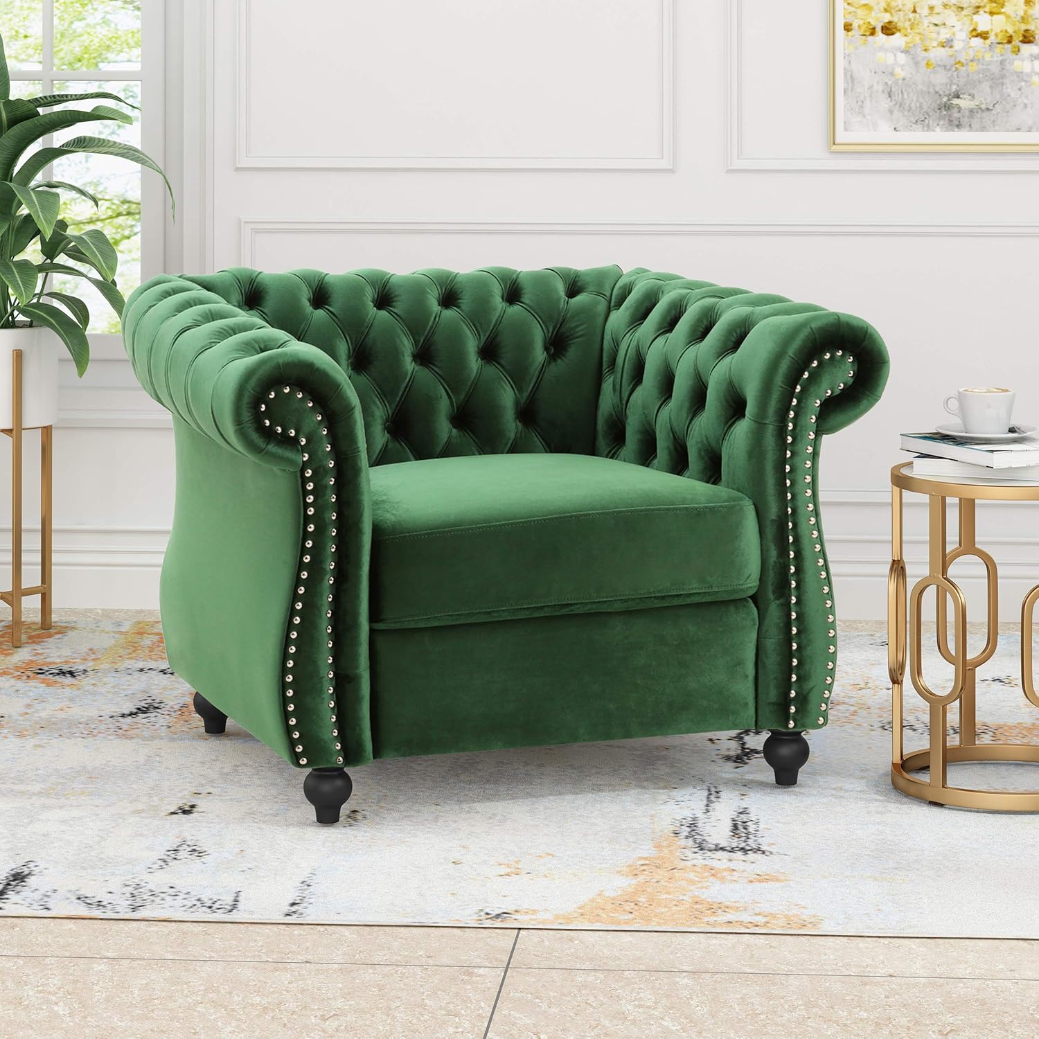 Great Deal Furniture Leila Chesterfield Velvet Club Chair, Emerald, 33D x 39.5W x 28H in