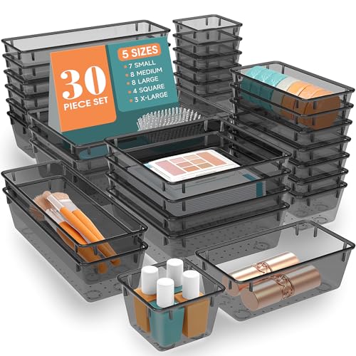 WOWBOX 30 PCS Clear Plastic Drawer Organizer Set, 5 Sizes Desk Drawer Divider Organizers and Storage Bins for Makeup, Jewelry, Gadgets for Kitchen, Bedroom, Bathroom, Office