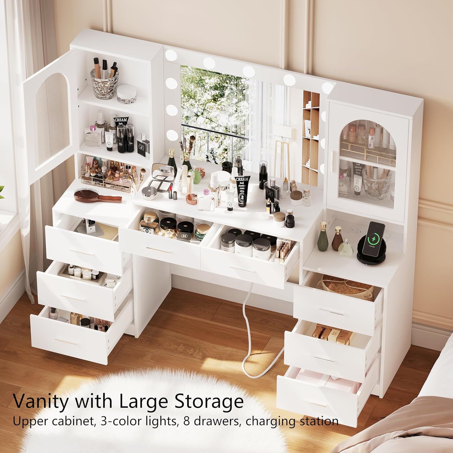 Rovaurx Large Vanity Desk with Mirror & Lights, Large Makeup Vanity Table with Charging Station, Bedroom Makeup Vanity with 8 Drawers and Side Cabinet, 3 LED Light Modes, White RSZT113W