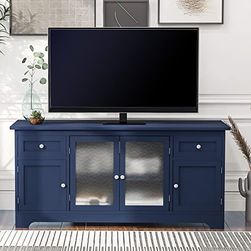 Farmhouse TV Stand for TV up to 65in, Entertainment Center with 4 Doors Adjustable Panels Open Style Cabinet, Sideboard for Living Room (Navy+W@)