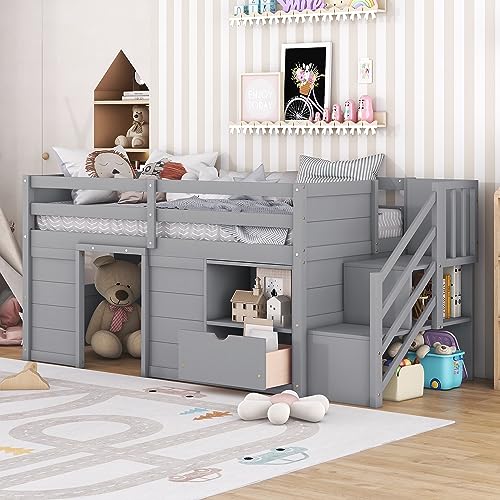 Low Loft Bed with Stairs, Twin Size Loft Bed Frame with Window, Drawers and Shelves, Kids Wooden Loft Bed with Stairway for Boys Girls Teens, Grey