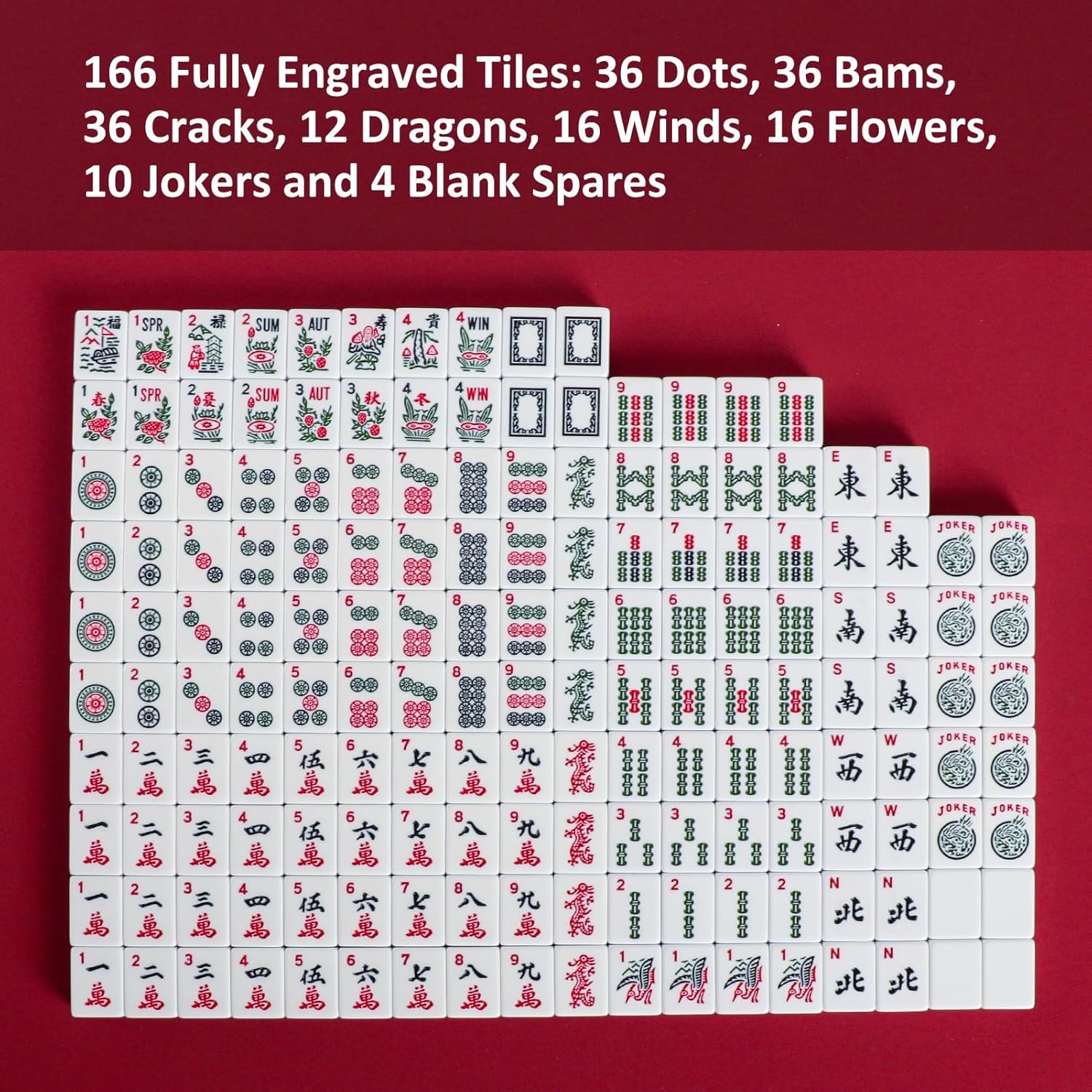 American Mahjong Set,Mahjongg Game Set,166 White Tiles with Green Bag & Complete Accessories,4 All-in-One Rack/Pushers,Ma Jongg Set (Mah-Jongg, Majiang,Ma Jong)
