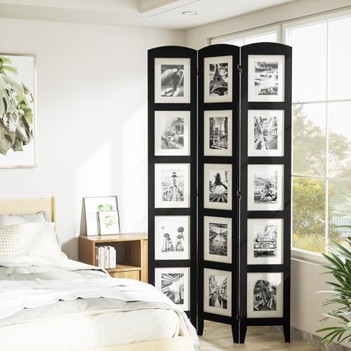 SZQINJI 3 Panel Photo Room Divider Screen, Solid Wood Divider for Room Separation for 8x10 Picture Frame without Mat for 5x7 Photo with Mat, Black