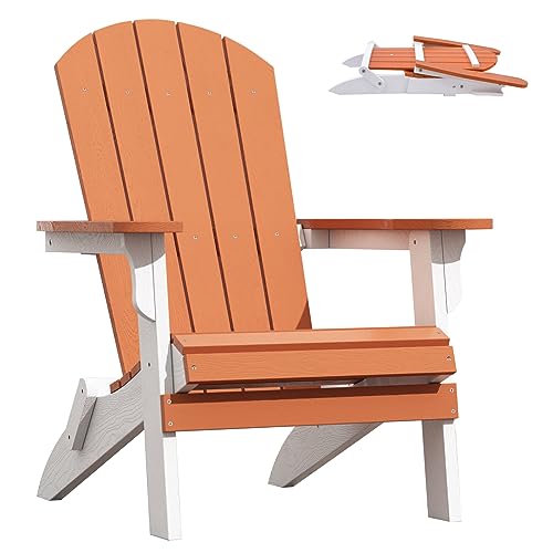 Folding Adirondack Chair Plastic Chair Wood Texture Polystyrene Patio Chair Composite Adirondack Chairs for Patio Deck Garden Backyard Deck Fire Pit & Lawn Furniture (Orange and White)