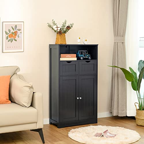 Iwell Large Storage Cabinet, Bathroom Cabinet with 2 Drawers & 2 Shelves, Cupboard, Bathroom Floor Cabinet for Living Room, Home Office, Natural & Black