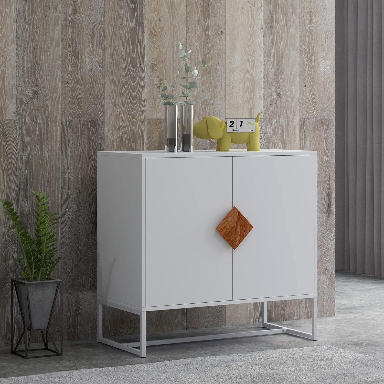 Solid Wood Square Shape Handle 2 Doors Sideboard Grey Modern Contemporary MDF Oak Finish Includes Hardware