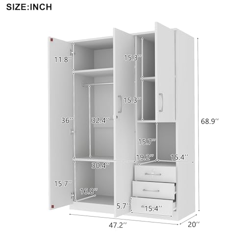 3-Door Large Wardrobe with 3 Storage Drawers and Hanging Rod, Storage Cabinet Bedroom Armoires for Large Capacity, Functional Clothes Storage Cabinet for Bedroom (White)