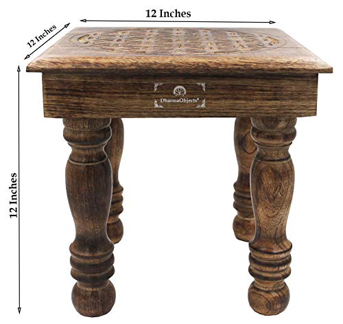 DharmaObjects Solid Mango Wood Hand Carved Puja Shrine Altar Meditation Table (Flower of Life)
