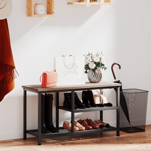 Maxtown Shoe Rack Bench for Entryway, 3 Tier Shoe Rack with Hooks and Shoehorn, Storage Benches for Small Spaces, Entryway Shoe Storage with Wood Bench, Free Standing Shoe Organizer, (Dark Grey)