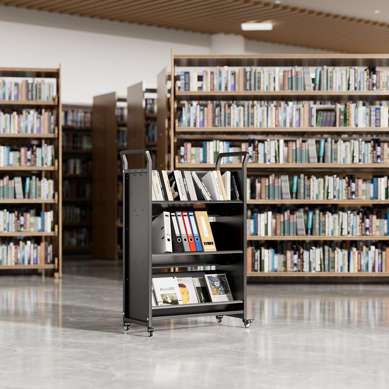 Book Cart,360LBS Rolling Book Cart,49''x31.5''x13.78'' Rolling Bookshelf,V-Shaped Library Cart with 4 Lockable Wheels for Home Book Shelves,Offices,School Bookshelf Cart,Black