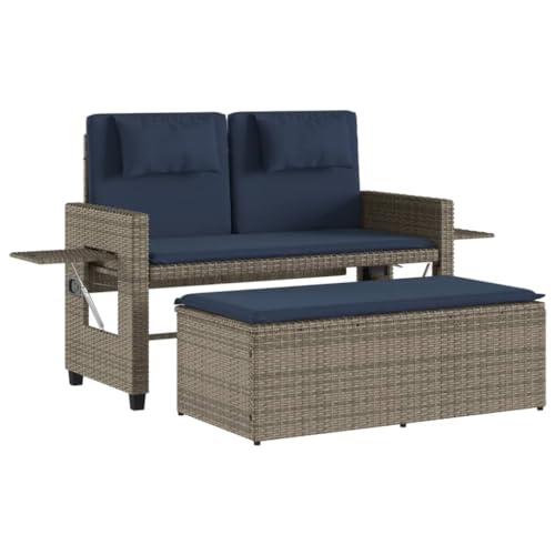 Reclining Patio Bench with Cushions Gray Poly Rattan,AllinOne Patio Bench with Adjustable Backrest and Foldable Side Tables for Indoor and Outdoor Use Patio Seating Furniture